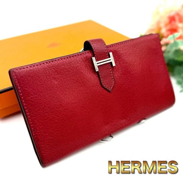 HERMES エルメス ベアン エプソン 長財布 レッド 二つ折り財布 J89