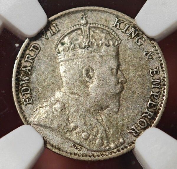 【AU50】NGC 1910B イギリス英領海峡植民地 5セント銀貨 エドワード7世 マークB 硬貨 1910のみ鋳造 後期版
