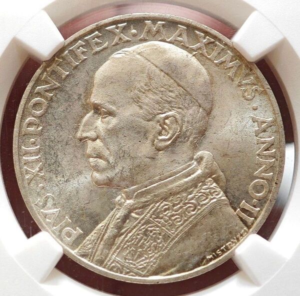 【MS62 18番目トップ】NGC 1940 バチガン 10リラ ピウス12世&聖母子像 銀貨