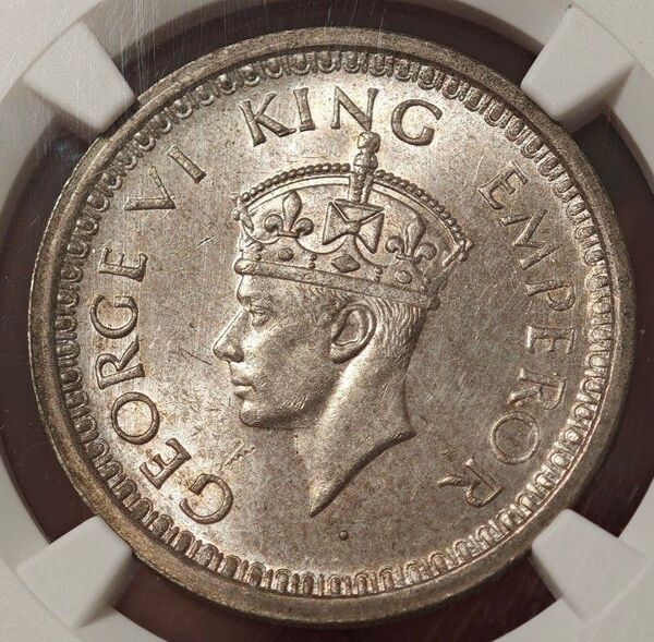 【MS64 トップ】NGC 1944Bイギリス英領インド 1ルピー 銀貨ジョージ6世N社トップ 当方所有the last one