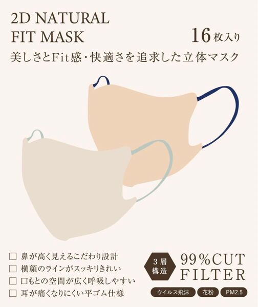 2Dフィットアップマスク 16枚入り lattice 立体マスク ナチュラルフィットマスク 3層構造 99%カットフィルター