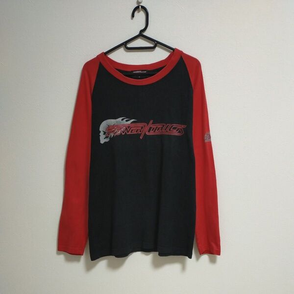 ラグランTシャツ 七分袖 プリント 黒 ブラック 赤 レッド ワークシャツ 古着 Mサイズ