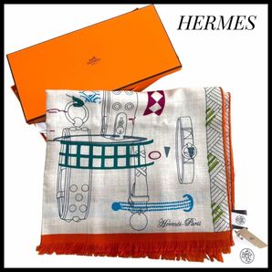 【極美品】 HERMES エルメス レクタングル フランス製 大判 スカーフ マルチカラー シルク ストール フリンジ 箱付き