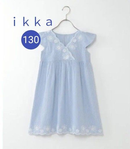 新品【ikka】130 インド綿スカラップ刺繍ワンピース ストライプ フレンチスリーブ