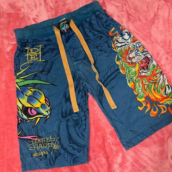Ed Hardy ロゴゴールド刺繍ハーフパンツ ブルー系