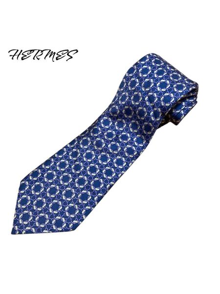 HERMES エルメス 幾何学模様 ネクタイ 青 シルク100% フランス製