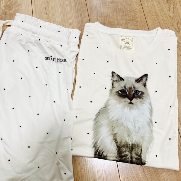 【新品未使用】ジェラートピケ CAT柄 パジャマ ルームウェア 猫 ホワイト