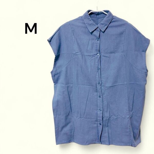 シャツ ブラウス 【M】半袖 レディーストップス 麻 スリット入り ブルー