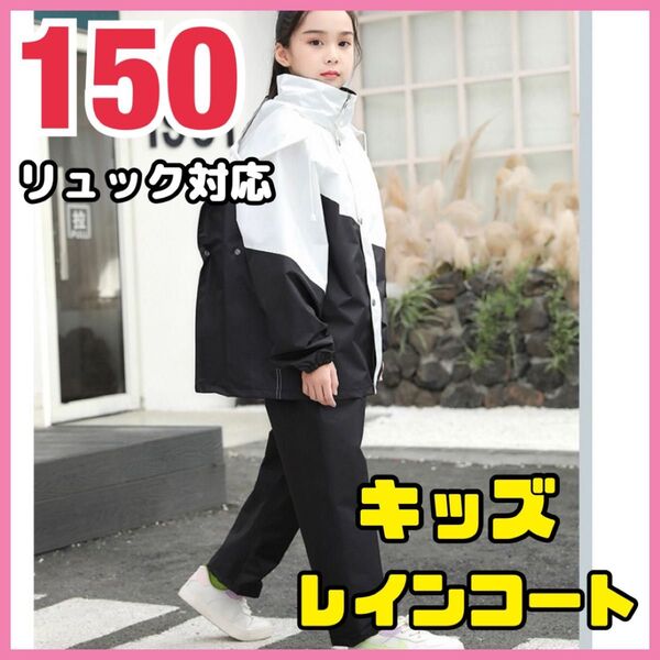 キッズ レインコート レインスーツ 雨具 上下セパレート 白黒 150cm