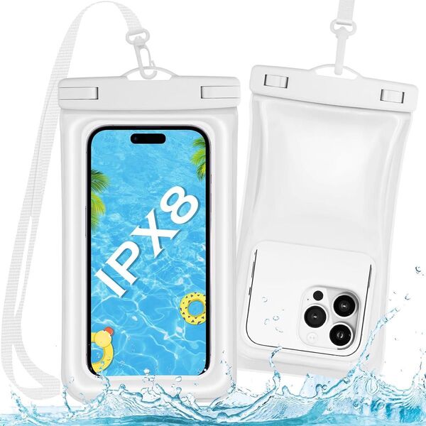 スマホ 防水ケース 水に浮くエアタイプ IPX8認定 指紋認証 Face ID認証対応 通話可 水中撮影 密封 沈まない ホワイト