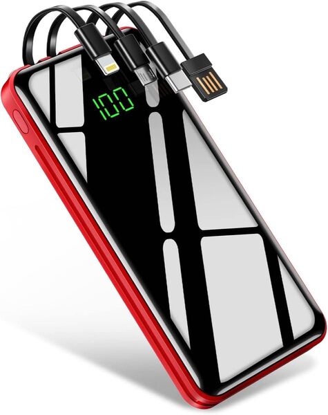 モバイルバッテリー 大容量 急速充電 30000mAh&4台同時充電 バッテリー PSE認証 携帯充電器 ケーブル内蔵 残量表示