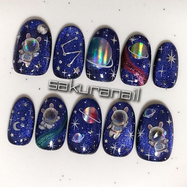 ネイルチップ現品ショートオーバル 宇宙ネイル ブルーネイル マグネットネイル 個性派ショートアート 宇宙飛行士ネイル