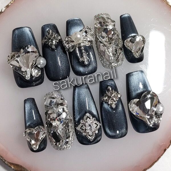 ネイルチップ現品 バレリーナ 濃紺 うるうるちゅるんマグネット 埋め尽くしネイル 韓国ワンホン量産型 結婚式ウェディングネイル