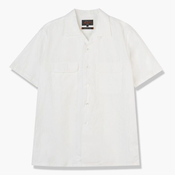 ★美品★ビームスプラスBEAMS PLUSコットンリネンショートスリーブオープンカラーシャツSホワイトWHITE/白/半袖シャツ
