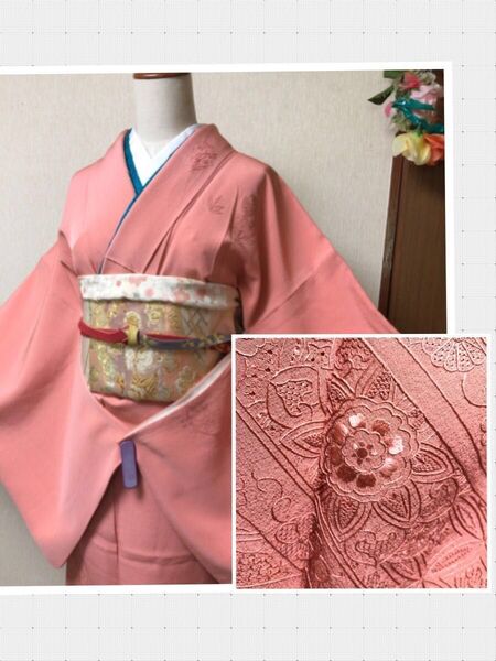 紋付の格上の相良刺繍?汕頭(スワトウ)刺繍?訪問着刺繍が素晴らしい 五三桐紋付 格上 ピンク色系 使用感少なめ