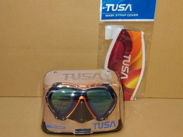 ★新品未使用★ TUSA ダイビングマスク Paragon M2001SQB EOA (オレンジ) とマスクストラップカバー