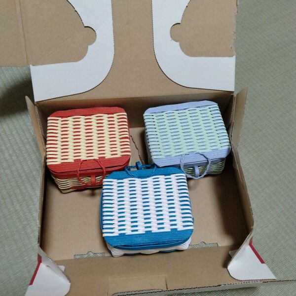 紙バンド クラフトバンド 小箱 3個 小物入れ かご