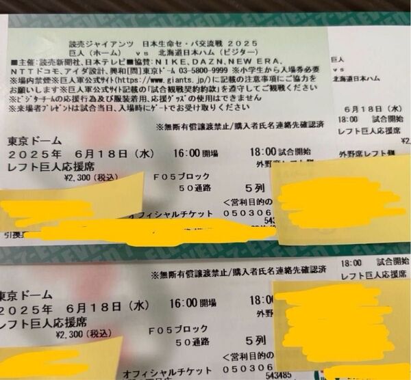 6/18(水)ジャイアンツvs日本ハムファイターズ レフト巨人応援席 外野 2枚 東京ドーム チケット