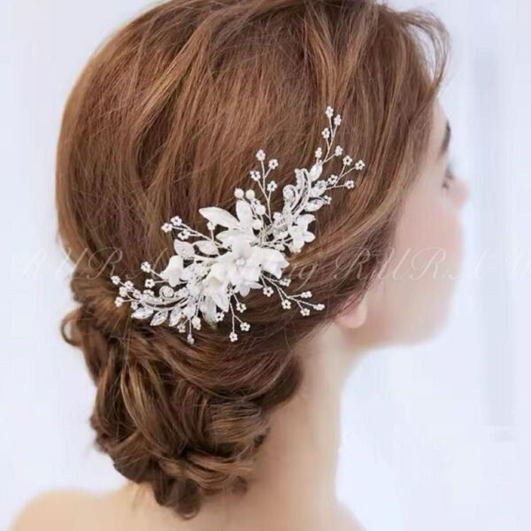 お花ヘッドドレス シルバー 白 フラワー ヘアアクセサリー 髪飾り 和装 結婚式 前撮り ブライダル ウェディングアクセサリー