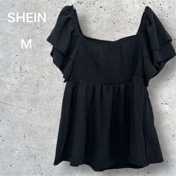 【美品】SHEIN【M】シーイン 【洗える】ブラック フリル袖 トップス プルオーバー かわいい おしゃれ 夏服 春服