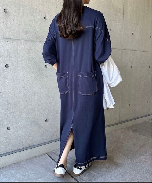 andme 配色ステッチオーバーサイズ長袖Tシャツワンピース ネイビー M