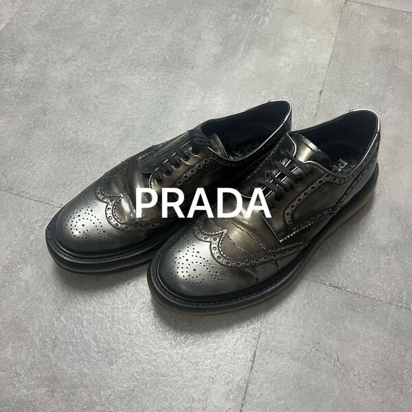 プラダウイングチップドレスシューズシルバーサイバーy2kボロPrada