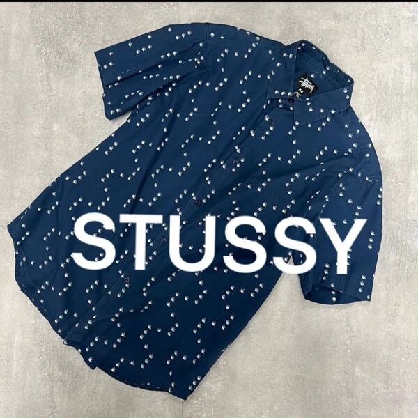 stussyステューシー総柄シャツネイビーストリート古着デザインアーカイブオールドサーフスケートボード