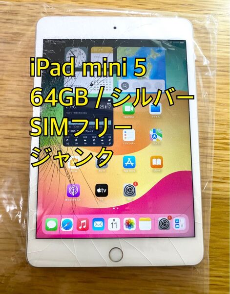 ジャンク iPad mini5/64GB/シルバー 画面割れ Cellular SIMフリー Apple