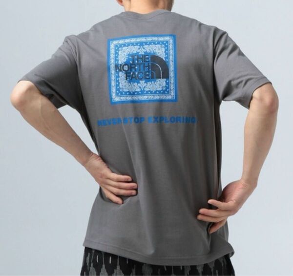 【新品】ノースフェイス バンダナ柄スクエアロゴ半袖Tシャツ スモークMサイズ