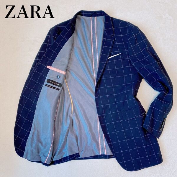 ZARA テーラードジャケット ペンチェック ネイビー XXLサイズ サマー
