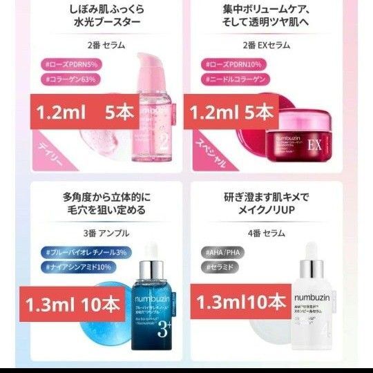 ナンバーズイン numbuzin 2番 ローズ PDRN コラーゲン 3番 レチノール 4番 セラミド スキンピール セラム