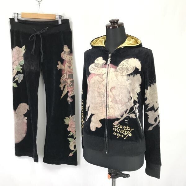 エドハーディー/Ed Hardy☆セットアップ/ベロアジャージ/パーカー/JACKET&PANTS【レディース上下M/黒】スカル/髑髏/hoodie/Set up◇cBH921