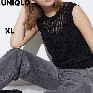 UNIQLO ユニクロ メッシュクルーネックショートセーター/ノースリーブ 黒 XL 大きいサイズ 新品未使用 タグ付き