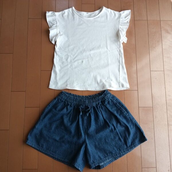 女の子 フリル袖Tシャツ140&デニム風ショートパンツ150 2点セット