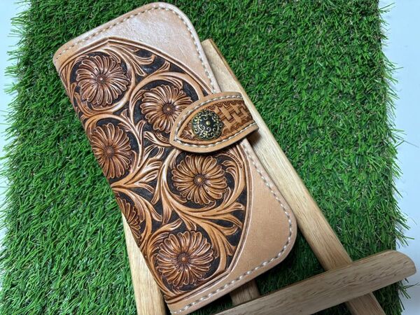 レザーカービング ロングウォレット ハーマンオーク・ツーリングレザー 長財布