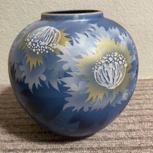 九谷焼 花瓶 銀彩牡丹 青色 箱あり 新品