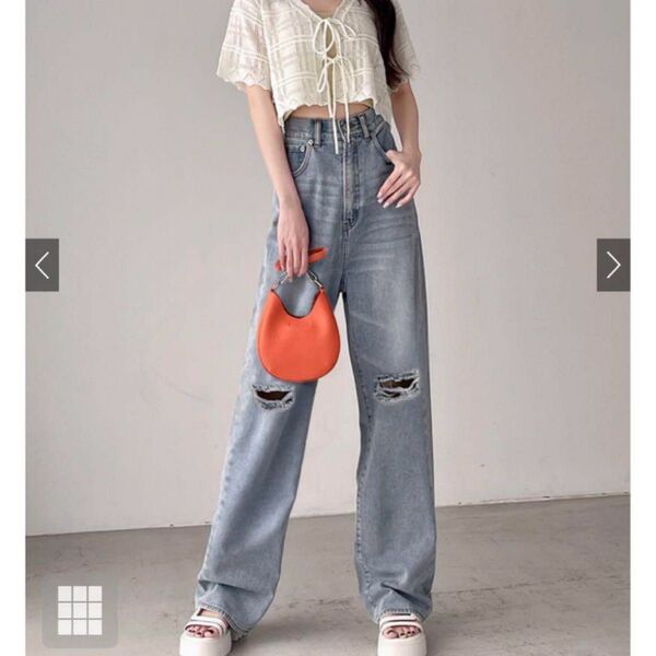 GRL/新品 ダメージデニムストレートパンツ L