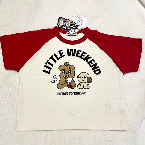 90cm 新品未使用 タグ付き リトルウィークエンド 綿100 半袖 Tシャツ 赤 ラグラン