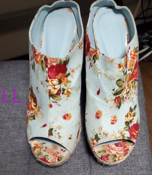 靴 花柄 サンダル ヒール LLサイズ 約 24.5cm~約 25cm 水色 sokusoko 夏 ビーチ