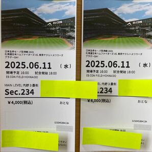エスコン6/11ヤクルト対日ハム交流戦 3塁側ペアチケット