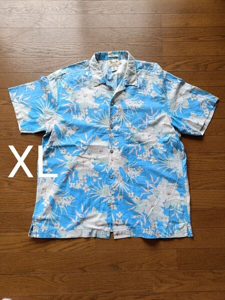 アロハシャツ メンズXL 水色系 花柄 ハワイアン 古着ヴィンテージ H&M