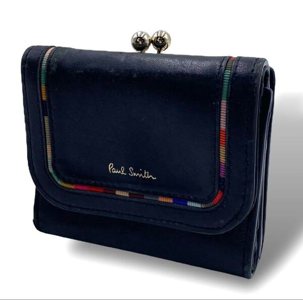 Paul Smith ポールスミス 折財布 三つ折り財布 スワールインセット がま口 レザー ブラック 黒 ゴールド金具