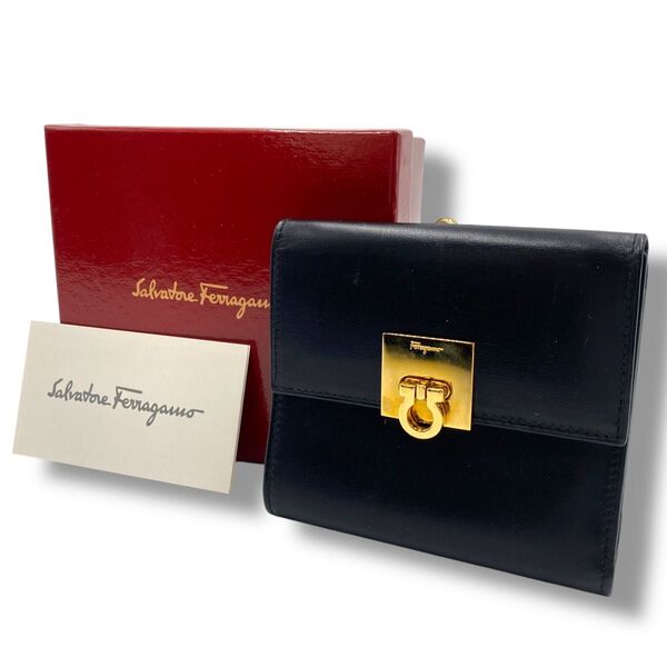 Salvatore Ferragamo サルヴァトーレ フェラガモ 財布 三つ折り ガンチーニ ゴールド金具 がま口 ブラック 黒