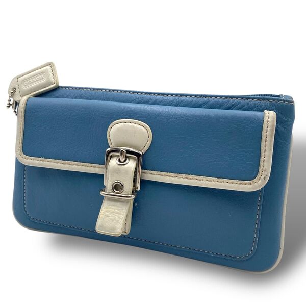 COACH コーチ クラッチ バック ポーチ 財布 裏地シグネチャー ソーホー レザー バイカラー ブルー ホワイト