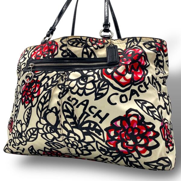 COACH コーチ トートバッグ ショルダーバッグ 肩掛け 総柄 花柄 ポピー A4 大容量 ナイロン レザー 通勤 通学