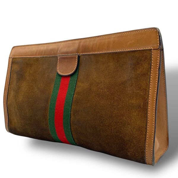 美品◎ GUCCI グッチ クラッチバッグ シェリーライン ブラウン セカンドバッグ スエード スウェード 裏地総柄 Gマーク