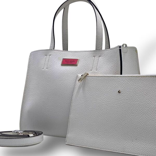 kate spade ケイトスペード サム ミディアム サッチェル 2way ハンド ショルダーバッグ レザー ロゴプレート 白