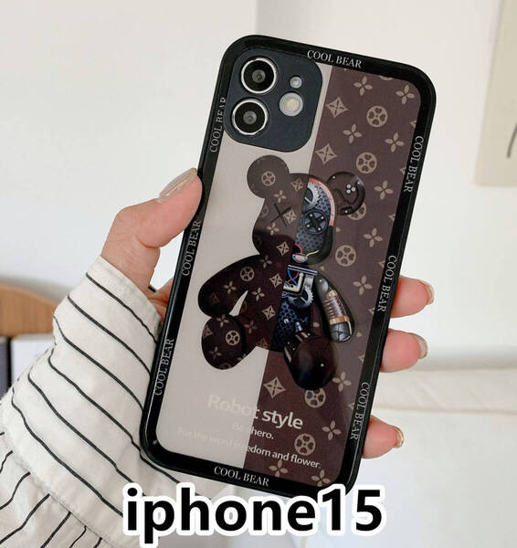 iphone15ケース TPU 可愛い 熊 ガラス お洒落 軽量 ケース 耐衝撃高品質ブラウン150