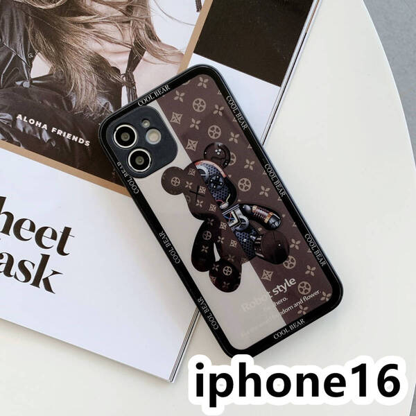 iphone16ケース カーバー TPU 可愛い 熊 ガラス お洒落 軽い ケース 耐衝撃高品質ブラウン151