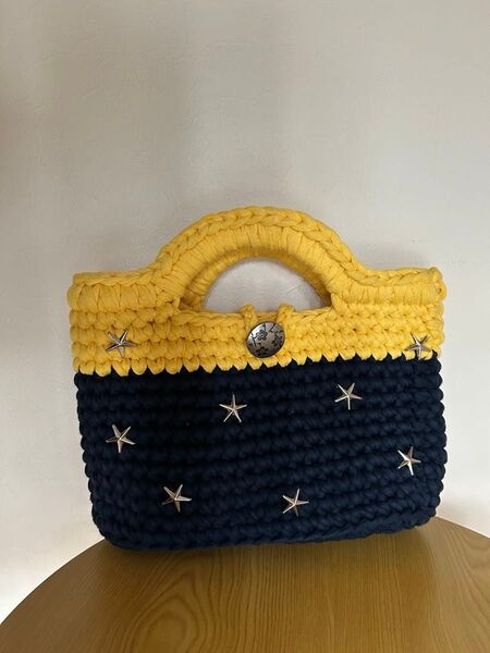 ズパゲッティ】マルシェバッグ 紺・黄色 光る星のバック